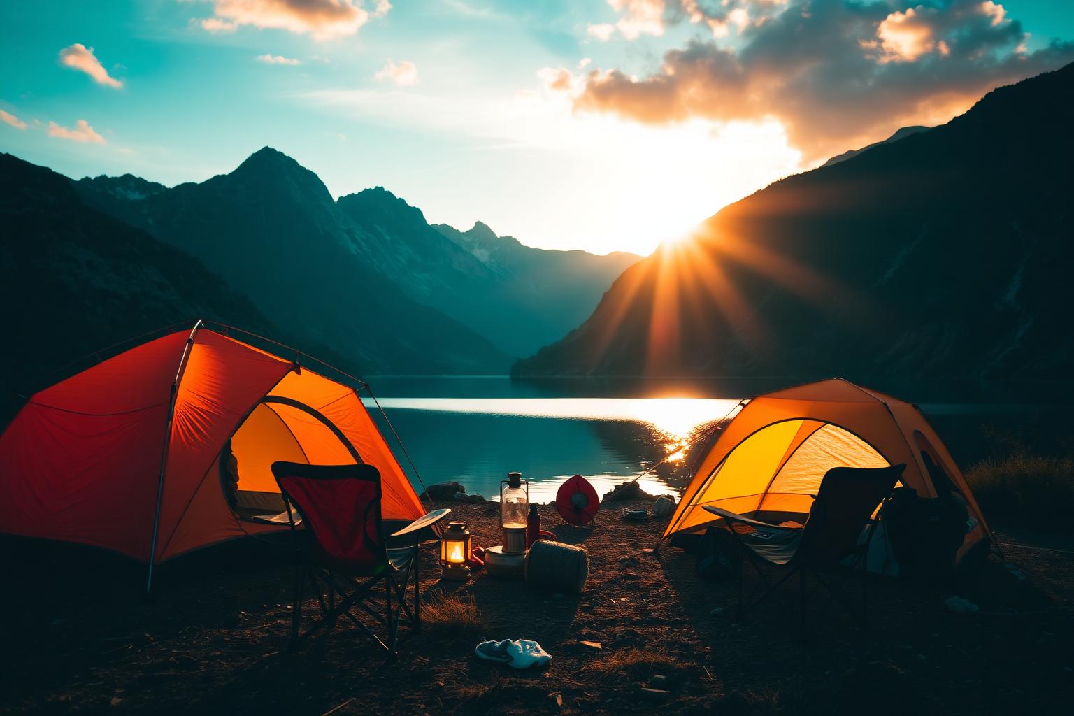 Warm glow of a lakeside campsite at dusk with a tent pitched on the shore
